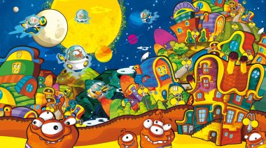 çizgi film sahneleri bazı komik uzaylılar şehirde arıyor ve ufo gemi - beyaz arka plan - illüstrasyon çocuklar için uçan