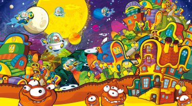 çizgi film sahneleri bazı komik uzaylılar şehirde arıyor ve ufo gemi - beyaz arka plan - illüstrasyon çocuklar için uçan