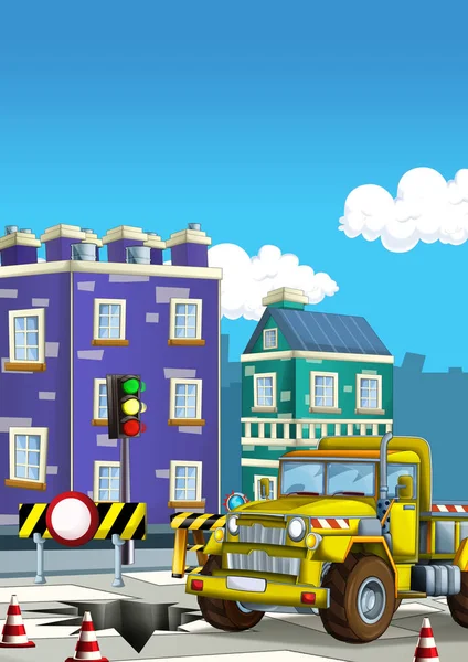 Cartoon Baustellenauto Auf Der Straße Der Stadt Illustration Für Kinder — Stockfoto