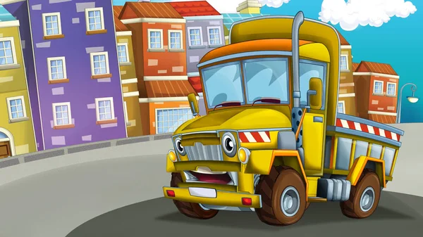 cartoon construction truck on the street of the city - illustration for children