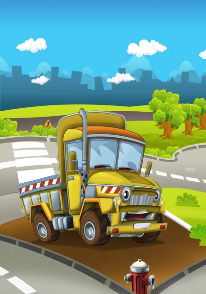 cartoon construction truck on the street of the city - illustration for children