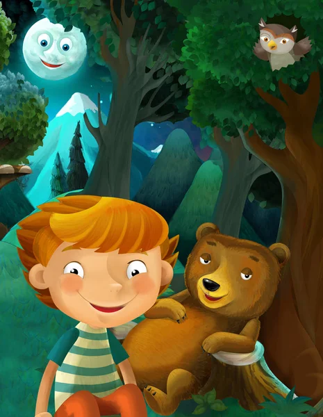 cartoon scene with wild animals bear, owl and boy resting in the forest - illustration for children