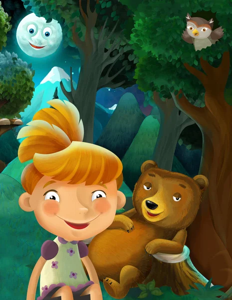 cartoon scene with wild animals bear, owl and girl resting in the forest - illustration for children