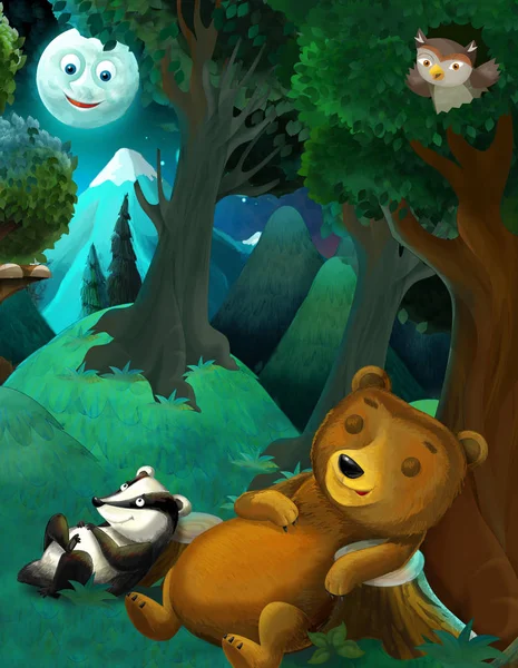cartoon scene with wild animals bear, owl and badger resting in the forest - illustration for children