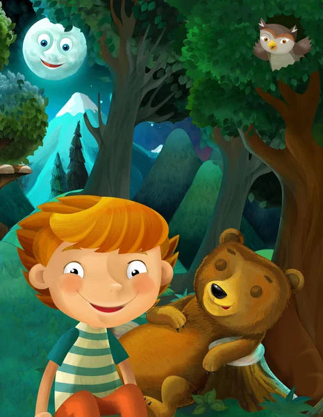 cartoon scene with wild animals bear, owl and boy resting in the forest - illustration for children