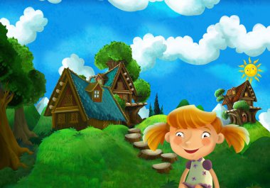 çizgi film sahne ile orman ve çocuklar için güzel bir ahşap ev - romantik gece - illüstrasyon yakınında oturan kız