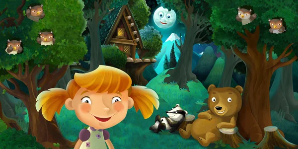 Scène Dessin Animé Avec Fille Reposant Près Forêt Belle Maison — Photo