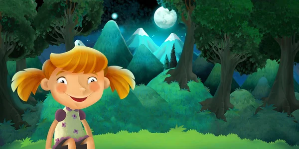子供のための美しい森 ロマンチックな夜 図で休んでいる少女漫画シーン — ストック写真