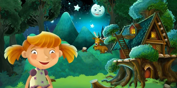 cartoon scene with girl resting near the forest and beautiful wooden house - romantic night - illustration for children