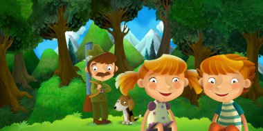 erkek ve kız - kız ve erkek kardeşim - avcı yakınındaki ormanda köpek - çocuklar için illüstrasyon ile dinlenme ile çizgi film sahne 