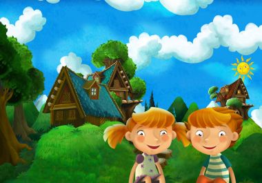 erkek ve kız - kız ve erkek kardeşim - şirin ahşap ev - çocuklar için illüstrasyon yakınındaki ormanda dinlenme ile çizgi film sahne