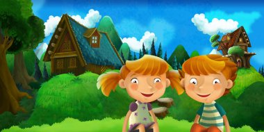 erkek ve kız - kız ve erkek kardeşim - şirin ahşap ev - çocuklar için illüstrasyon yakınındaki ormanda dinlenme ile çizgi film sahne