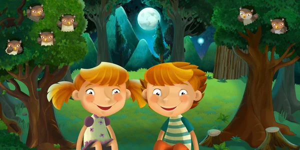 cartoon scene with boy and girl - brother and sister - resting in the forest near cute wooden house - illustration for children