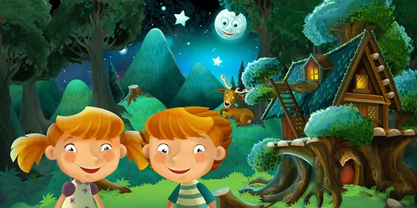 cartoon scene with boy and girl - brother and sister - resting in the forest near cute wooden house - illustration for children