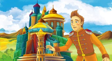 genç ve güzel prenses ayakta ve arıyorum - illüstrasyon çocuklar için castle yakınındaki ile çizgi film sahne