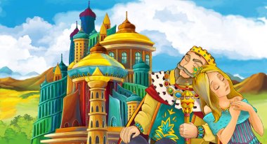 genç ve güzel prenses ayakta ve babası - gösterim amacıyla çocuk bakarak castle yakınındaki ile çizgi film sahne