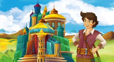 genç ve güzel prenses ayakta ve arıyorum - illüstrasyon çocuklar için castle yakınındaki ile çizgi film sahne