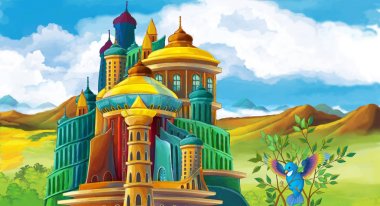 çizgi film sahne güzel görkemli kale ve kapana kısılmış kuş yakınında - illüstrasyon çocuklar için