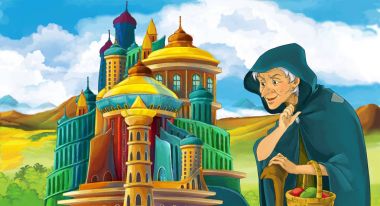 castle - çocuklar için illüstrasyon yakınındaki mutlu gülümseyen yaşlı kadın ile çizgi film sahne