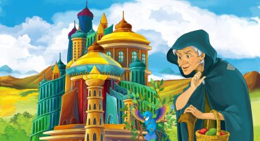 castle - çocuklar için illüstrasyon yakınındaki mutlu gülümseyen yaşlı kadın ile çizgi film sahne