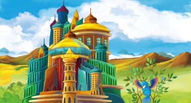 çizgi film sahne güzel görkemli kale ve kapana kısılmış kuş yakınında - illüstrasyon çocuklar için