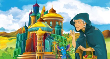 castle - çocuklar için illüstrasyon yakınındaki mutlu gülümseyen yaşlı kadın ile çizgi film sahne 