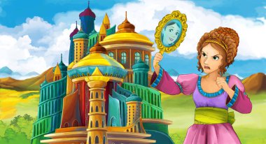 genç ve güzel prenses ayakta ve arıyorum - illüstrasyon çocuklar için castle yakınındaki ile çizgi film sahne