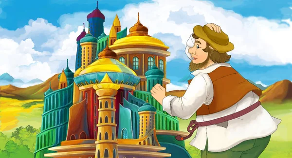 Zeichentrickszene Mit Mann Der Nähe Der Burg Illustration Für Kinder — Stockfoto