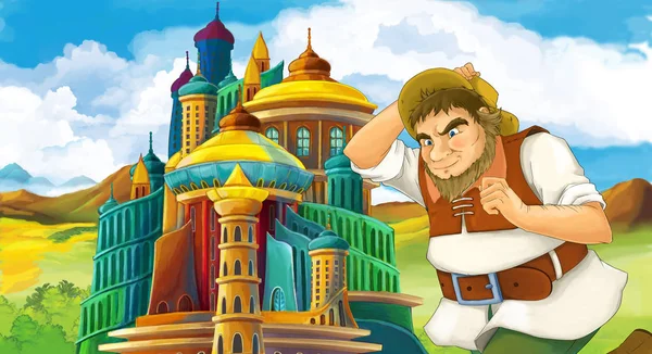 Zeichentrickszene Mit Mann Der Nähe Der Burg Illustration Für Kinder — Stockfoto