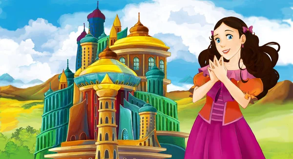 Escena Dibujos Animados Con Princesa Joven Hermosa Cerca Del Castillo —  Fotos de Stock