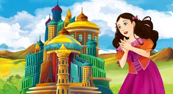 genç ve güzel prenses ayakta ve arıyorum - illüstrasyon çocuklar için castle yakınındaki ile çizgi film sahne