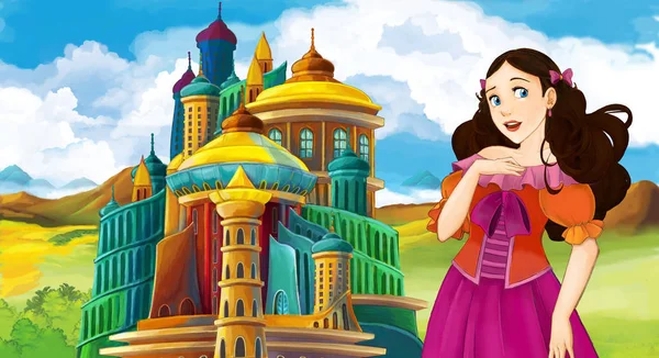 若くて美しい姫と立って 探しています 子供のための図の城付近の漫画シーン — ストック写真