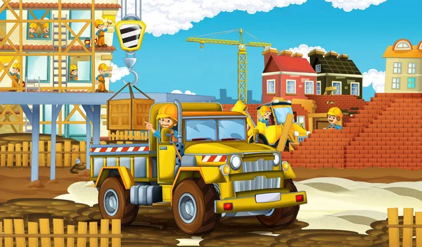 Cartoon Scene Different Construction Site Vehicles Illustration Children — Stock Photo, Image