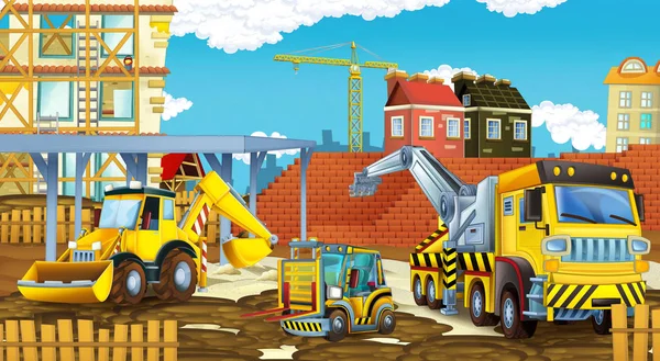 Cartoon Scene Different Construction Site Vehicles Illustration Children — Stock Photo, Image