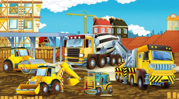 Kreslený Scény Různými Stavební Lokality Vozidla Ilustrace Pro Děti — Stock fotografie