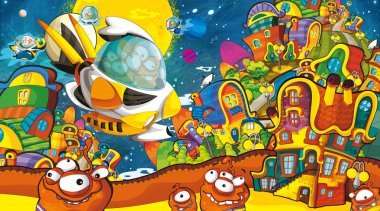 çizgi film sahneleri bazı komik uzaylılar şehirde arıyor ve ufo gemi - beyaz arka plan - illüstrasyon çocuklar için uçan