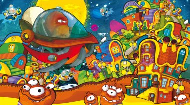çizgi film sahneleri bazı komik uzaylılar şehirde arıyor ve ufo gemi - beyaz arka plan - illüstrasyon çocuklar için uçan