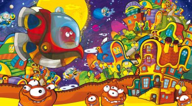 çizgi film sahneleri bazı komik uzaylılar şehirde arıyor ve ufo gemi - beyaz arka plan - illüstrasyon çocuklar için uçan