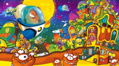 çizgi film sahneleri bazı komik uzaylılar şehirde arıyor ve ufo gemi - beyaz arka plan - illüstrasyon çocuklar için uçan