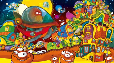 çizgi film sahneleri bazı komik uzaylılar şehirde arıyor ve ufo gemi - beyaz arka plan - illüstrasyon çocuklar için uçan