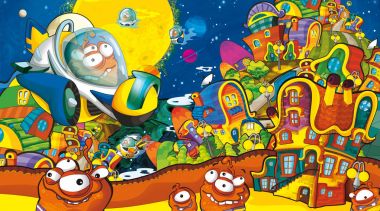 çizgi film sahneleri bazı komik uzaylılar şehirde arıyor ve ufo gemi - beyaz arka plan - illüstrasyon çocuklar için uçan