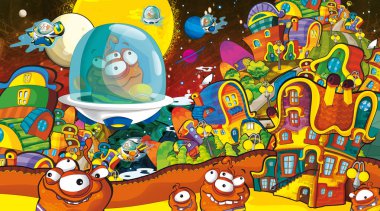çizgi film sahneleri bazı komik uzaylılar şehirde arıyor ve ufo gemi - beyaz arka plan - illüstrasyon çocuklar için uçan