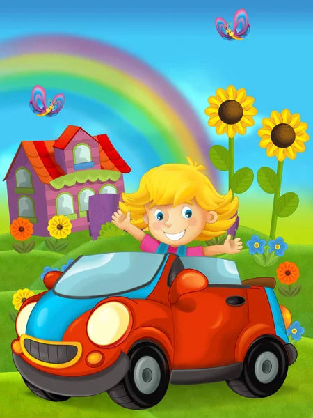 Zeichentrickszene Mit Kind Mädchen Spielzeugauto Auf Dem Bauernhof Illustration Für — Stockfoto