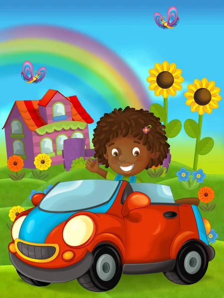 Zeichentrickszene Mit Kind Mädchen Spielzeugauto Auf Dem Bauernhof Illustration Für — Stockfoto