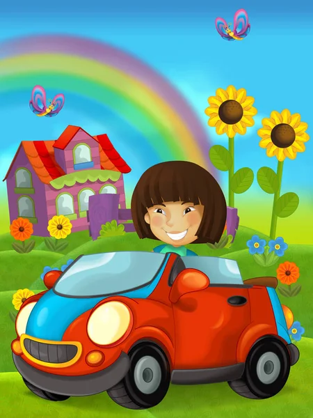 卡通场面与孩子女孩 在玩具车在农场 例证为孩子 — 图库照片