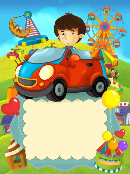 Zeichentrickszene Mit Glücklichem Kind Spielzeugauto Junge Der Nähe Von Freizeitauto — Stockfoto