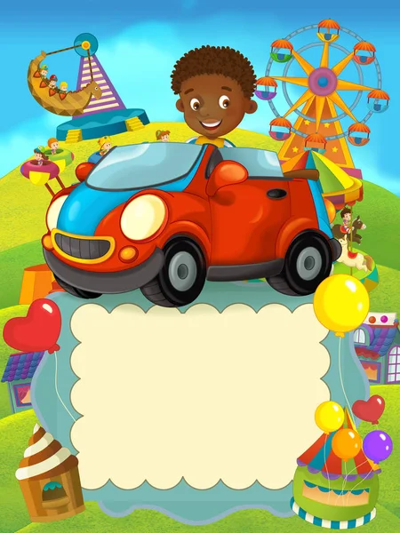 Rajzfilm Jelenet Játékautó Boldog Gyermek Fiú Közelében Szórakoztató Autó Illusztrációja — Stock Fotó