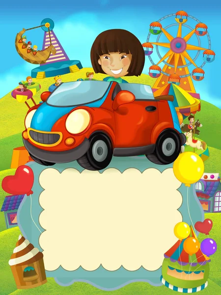 Boldog Gyermek Gyerekek Játék Autó Lány Közelében Szórakoztató Autó Ábrán — Stock Fotó