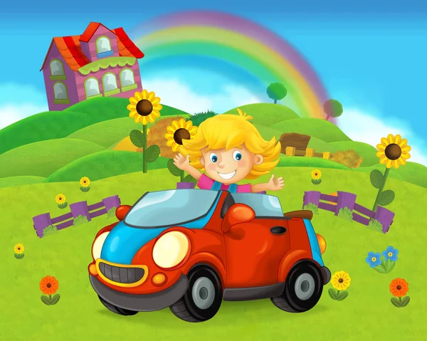卡通场面与孩子女孩 在玩具车在农场 例证为孩子 — 图库照片