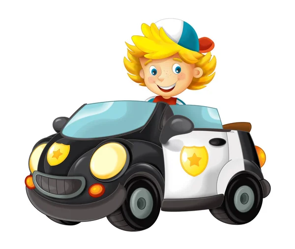 Мультяшна Іграшкова Поліцейська Машина Дитиною Ній Хлопчик Білому Тлі Ілюстрація — стокове фото